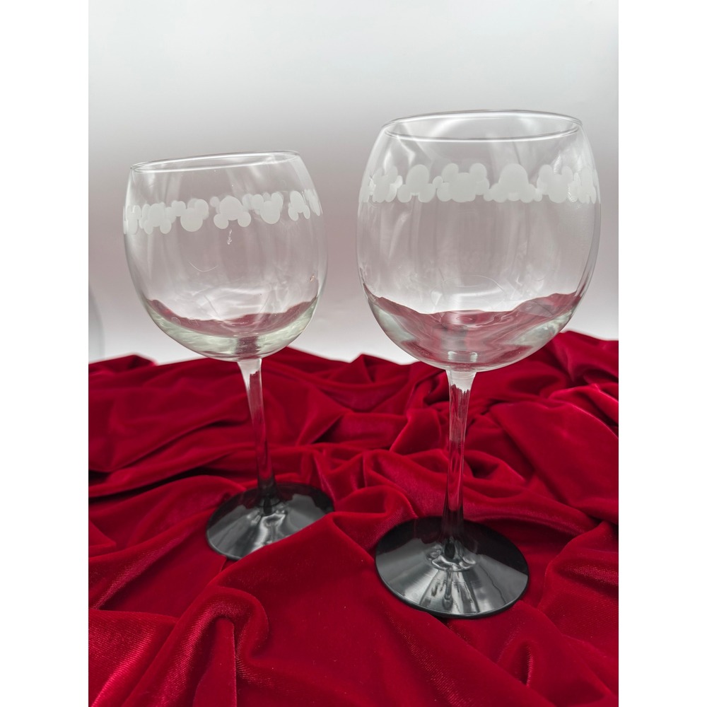 Disney Mickey Mouse Etched Wine Glass Black Stem Balloon Glass 8.5" 1 per order
